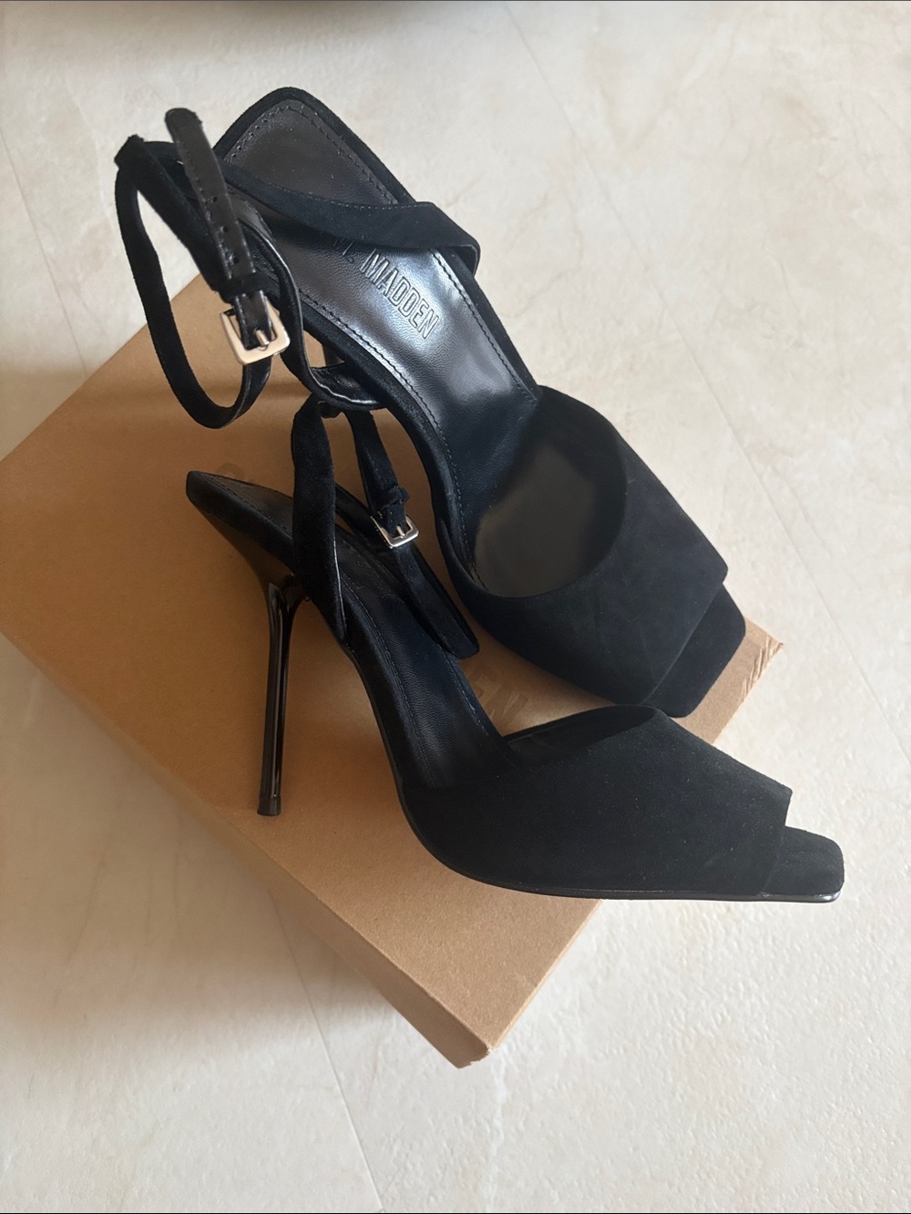 BRAND NEW! Steve Madden Black Suede Peep-Toe Stiletto Sandals